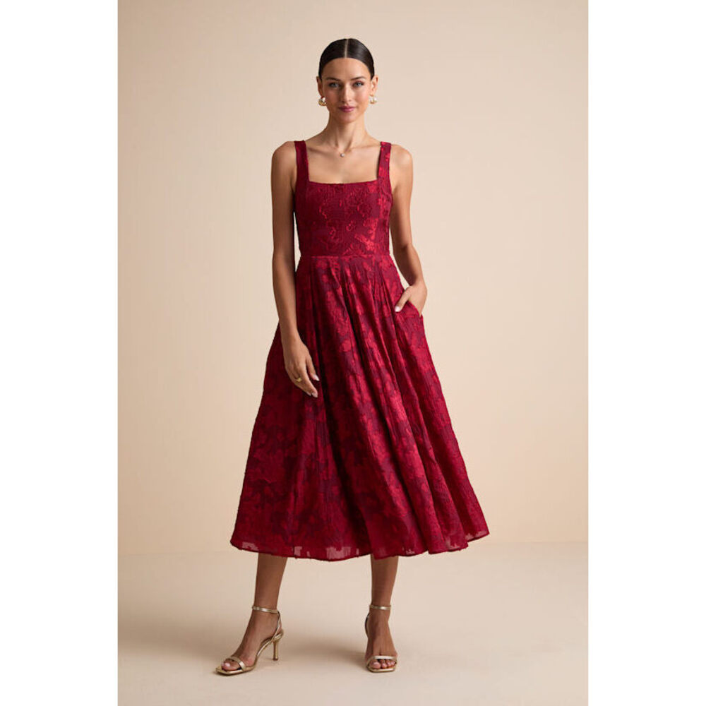 Lulus Loira Burgundy Burnout Jacquard Lace-up Midi Dress Red - Size S